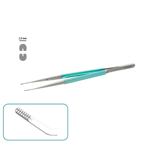 Пинцет изогнутый микрохирургический по Cooley, с круглыми браншами, без противовеса, титан, общая длина 185 мм, арт: 03.11.0000