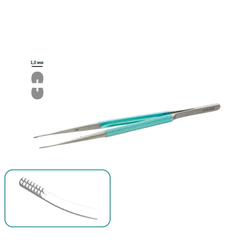 Пинцет плавноизогнутый микрохирургический по Cooley, с круглыми браншами, без противовеса, титан, общая длина 185 мм, арт: 03.10.0000
